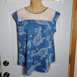 Per Seption Concept Blue Soft Paisley Blouse White Crochet Trim Coquette Country